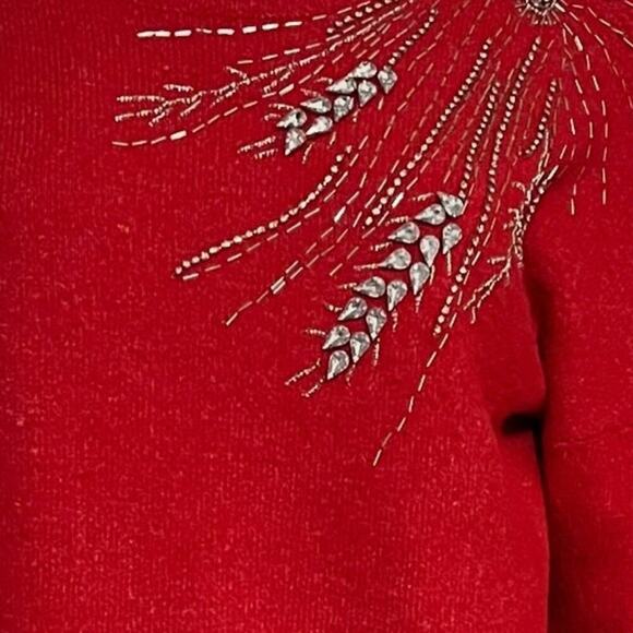 Broadway 38 Vintage Red Rhinestone Embellished Puff Sleeve Sweater Size Large - Picture 4 of 9